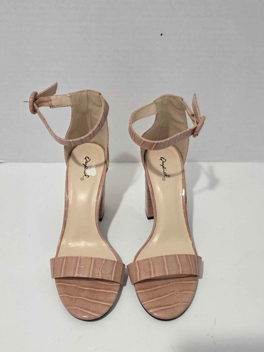 Qupid Blush Croc-Embossed Ankle Strap Sandals